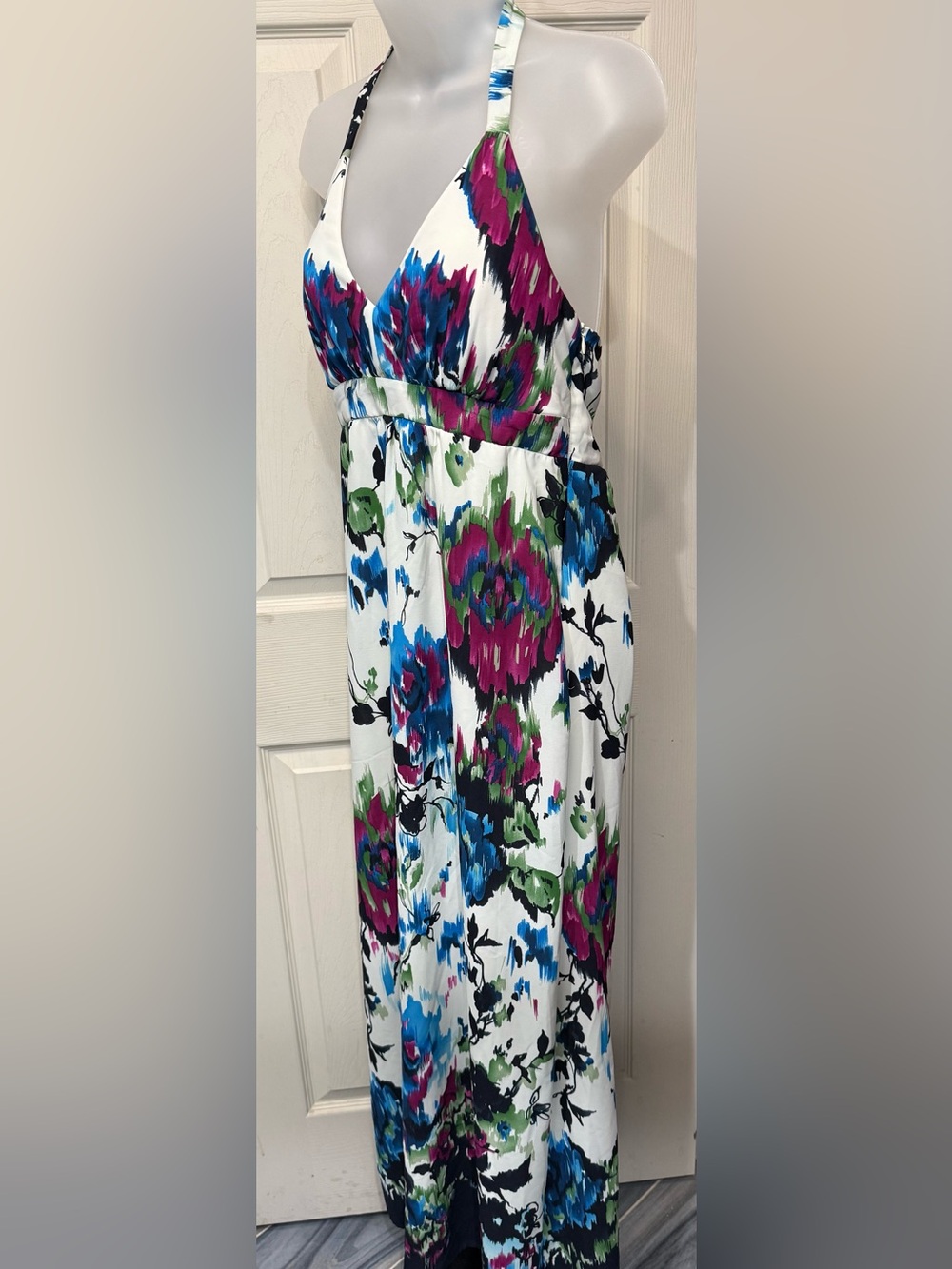 Dressbarn White Halter Maxi Dress with Pink, Blue & Green Floral Print